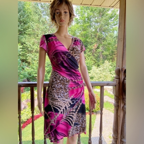 Vintage Joseph Ribkoff Y2K Chains Leopard Print Lettuce Hem Wrap Dress Size M - Picture 2 of 10